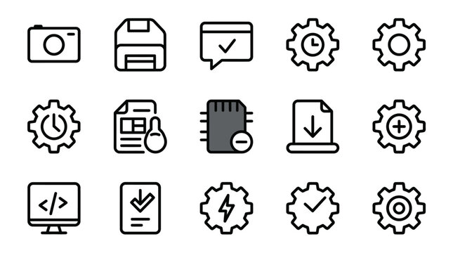Corporate Minimalist Line Icons Set Featuring Technology Software and Business Operations in Monochrome