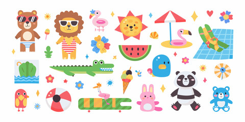 Summer themed vector illustration collection with animals and beach objects © Milton