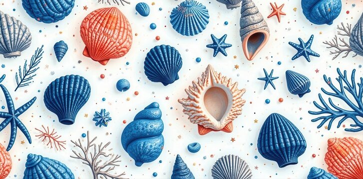 Abstract vector seaside pattern Shells, fossils, waves, corals Blue white background , shells, sea, texture