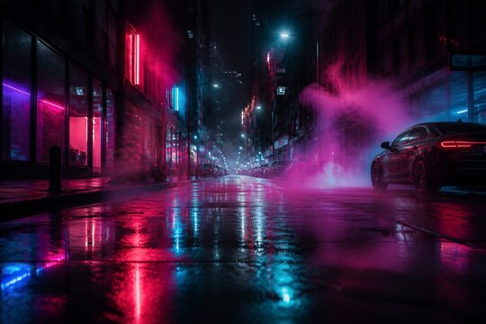 Water gathers on the street in a city at night. A car drives by reflecting bright neon colors from buildings. Mist rises from the pavement in the rain.
