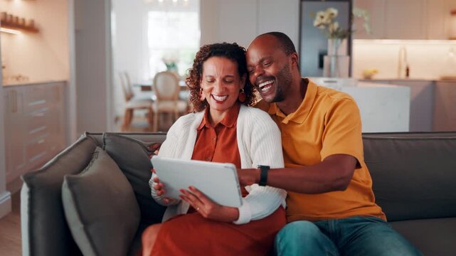 Mature, couple and tablet in house with laugh, funny social media post or bonding together on weekend. Happy, married African people and scroll in living room with tech, online meme and comedy video.