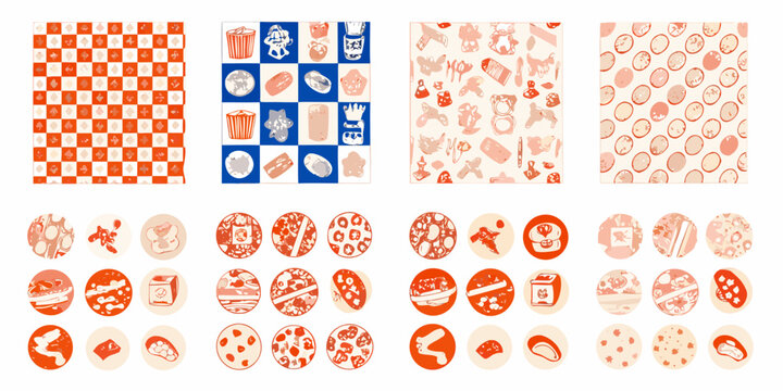 fast food icons and patterns in retro style burger pizza fries checkered background orange blue beige illustration