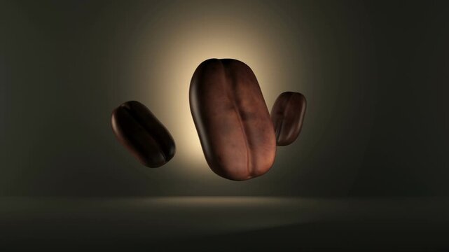 Coffee beans float and rotate in moody backlight, one bean ignites and transitions into a matte black standing pouch on a dark studio background, 3D animation
