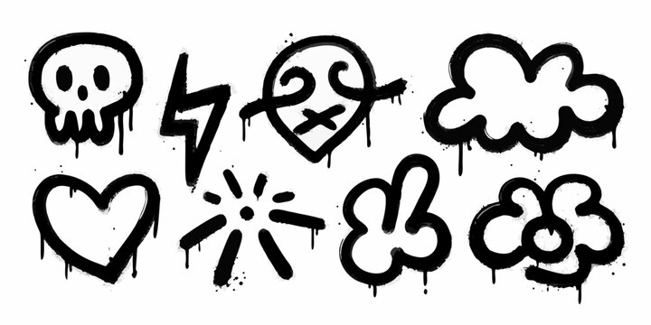 black and white graffiti doodles featuring skulls hearts lightning and clouds artwork symbols icons street art urban edgy