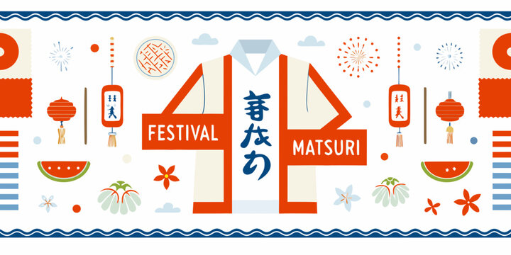 japanese summer festival pattern with colorful lanterns and fireworks matsuri kimono watermelon flowers stripes clouds illustration vector