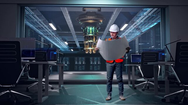 Full Body Of Asian Male Engineer With Safety Helmet Looking At Blueprint In His Hands And Looking Around While Standing at Futuristic Quantum Computer Data Center Control Room