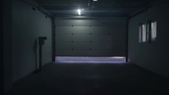 Dark empty garage interior with an automatic sectional door lifting open to reveal a paved yard, fence, and neighboring building outside