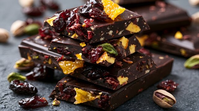 Stacked dark chocolate bars filled with dried cranberries  orange peel pieces  and pistachios on a textured surface