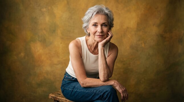 A serene senior woman with short grey hair, wearing a white tank top and blue jeans, sitting on a wooden stool against a warm, textured background.