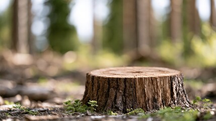 Fototapeta premium Close up of a weathered tree stump in a sunlit forest clearing, surrounded by moss and new growth
