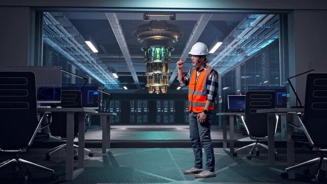 Full Body Side View Of Angry Asian Male Engineer With Safety Helmet Shouting At Someone While Standing at Futuristic Quantum Computer Data Center Control Room