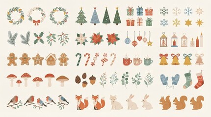 Obraz premium Seamless Christmas Floral Pattern with Flowers and Butterflies, Cute Winter Holiday Vector Set with Cartoon Icons, Snowman, Gift, Tree, Toys and Festive Decoration Elements Illustration Design