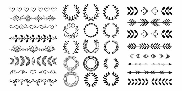 Floral Ornament Vector Illustration Set With Leaves And Hearts Black And White