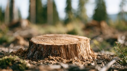 Obraz premium Close-up of a weathered tree stump in a forest clearing, symbolizing deforestation and environmental impact