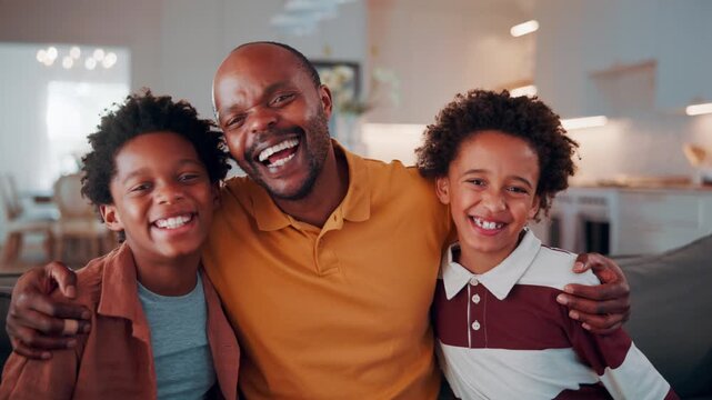 Face, father and children in home with hug, laugh and humor for family bonding together on weekend. Happy, African man and boy kids embrace in living room with funny dad joke, love and connection.