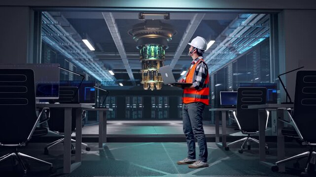 Full Body Side View Of Asian Male Engineer With Safety Helmet Working On A Laptop And Looking Around While Standing at Futuristic Quantum Computer Data Center Control Room