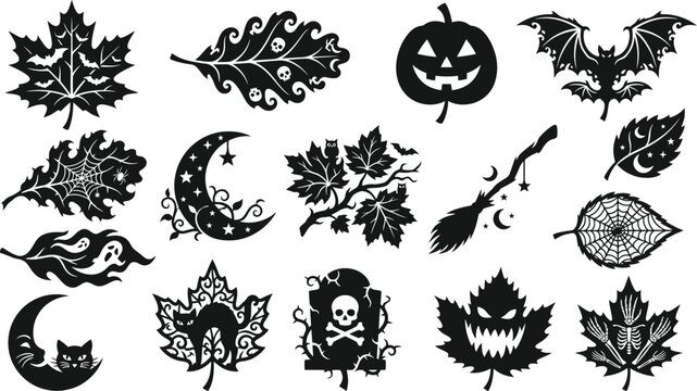 Halloween vector bundle spooky silhouettes for designs bats pumpkins ghosts leaves more