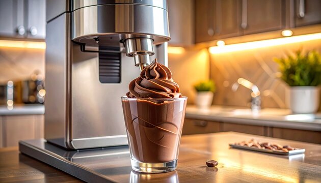 Close-up of a modern countertop ice cream maker dispensing rich chocolate soft serve into a clear glass, sleek touchscreen controls, creamy texture, warm indoor lighting, realistic food photography.