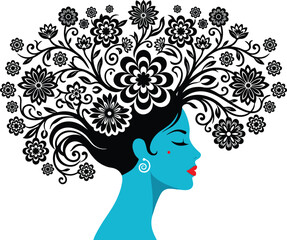 Beautiful woman profile portrait with flourishing black floral hair ornaments spring blooming wellness design vector illustration © MstHusna
