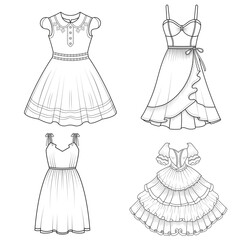 Fototapeta premium Collection of women's clothing technical sketches showing various styles black and white line art illustration for fashion design. Elegant woman, fashion illustration, line art, puffy sleeve dress,
