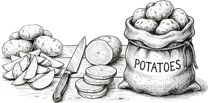 Hand drawn fresh raw potatoes sketch in canvas sack bag with slices wedges and kitchen knife line art vectors
