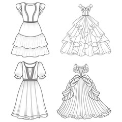 Fototapeta premium Collection of women's clothing technical sketches showing various styles black and white line art illustration for fashion design. Elegant woman, fashion illustration, line art, puffy sleeve dress,