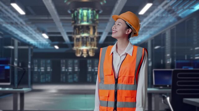 Asian Female Engineer With Safety Helmet Looking Around While Standing at Futuristic Quantum Computer Data Center Control Room