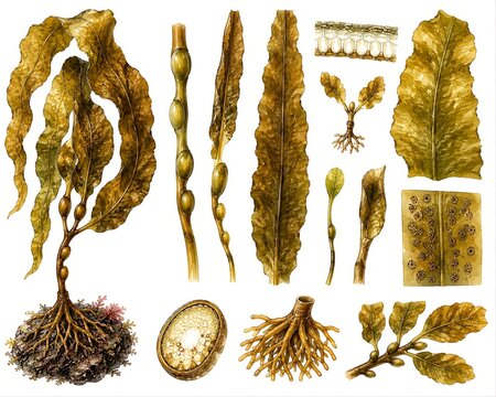 Kelp Seaweed Botanical Scientific Watercolor Illustration Set Isolated on White