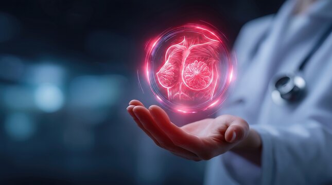 Doctor holding a glowing holographic female breast anatomy above an open hand, representing breast health, mammary gland examination, breast cancer awareness, medical diagnostics, women's healthcare.