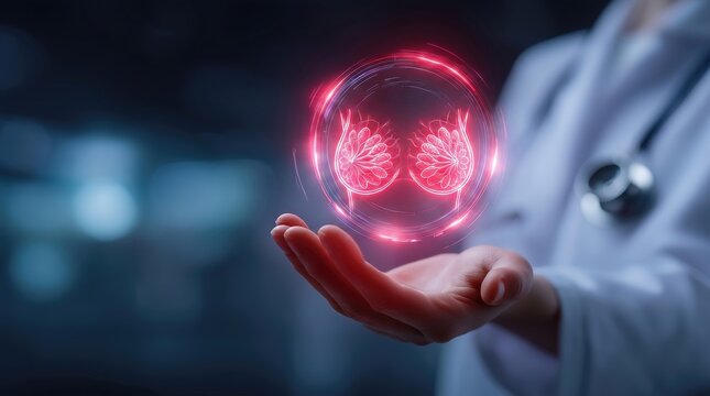 Doctor holding a glowing holographic female breast anatomy above an open hand, representing breast health, mammary gland examination, breast cancer awareness, medical diagnostics, women's healthcare.
