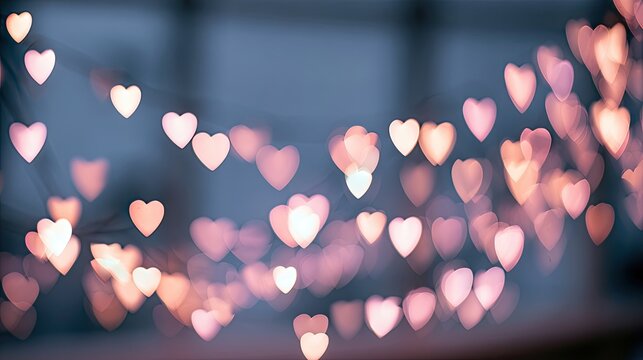Soft focus heart-shaped lights create a dreamy, romantic bokeh glow