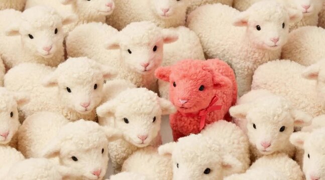 Fluffy white lambs huddled together with two distinct pink lambs standing out