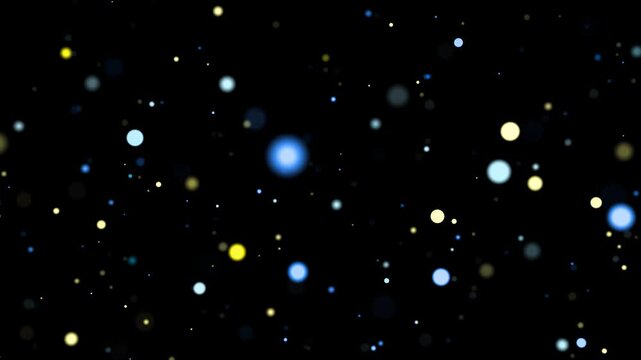 Colorful snowfall particles drift downward on dark background. Colorful snowfall creates calm abstract motion with seamless loop for festive, atmospheric, digital visual effects 