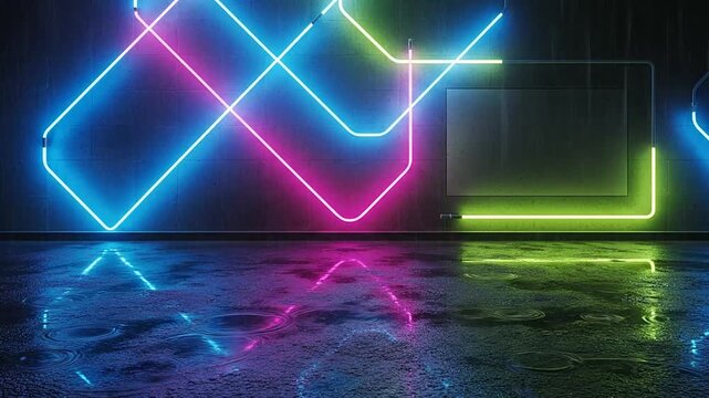 Vibrant neon light tubes illuminate a dark wet concrete surface