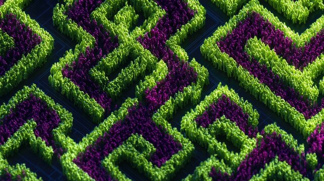 Intricate aerial view of a vibrant, colorful maze with geometric patterns