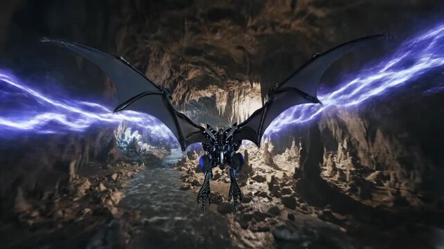 A mechanical dragon with glowing energy wings flies through a dark, rocky cave, emitting powerful electrical discharges.