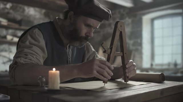 Medieval master drawing a circular arc on a geometric sketch with a wooden compass while sitting near a burning candle at a wooden table inside a workshop