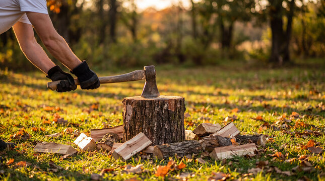 Person chopping firewood with an axe on a tree stump in a forest clearing with wood chips on the grass