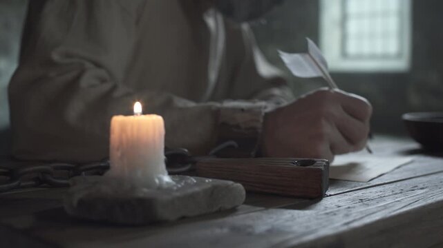 Close up of wooden inkwell on a rustic table against a blurred background of a medieval prisoner with chained hands writing with a quill pen inside a dark jail cell