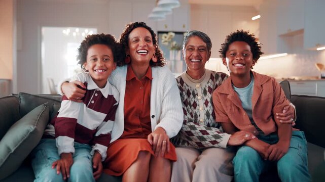 Face, grandma and mother with children together for laugh, love and care in relationship on home sofa. Women, sibling kids or generations hug on couch for safety, security or bonding in lounge