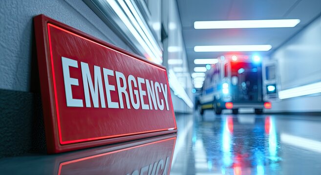Red "EMERGENCY" sign glows in hallway, ambulance lights flash in distance