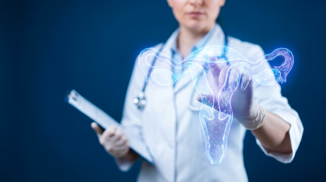 Doctor examining a digital 3d hologram of a female reproductive system, representing gynecology, reproductive health, and medical technology