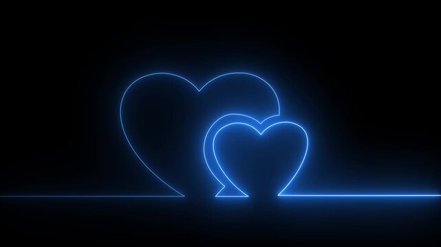 Blue Neon line Two love hearts. Valentine's Day indicate. Love One line drawing concept. love card neon glowing icon. Bright glowing neon valentines love heart symbol animation.4k