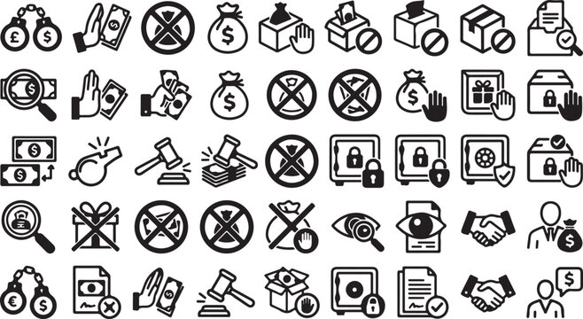 Set of black and white icons representing business finance law and anti corruption concepts