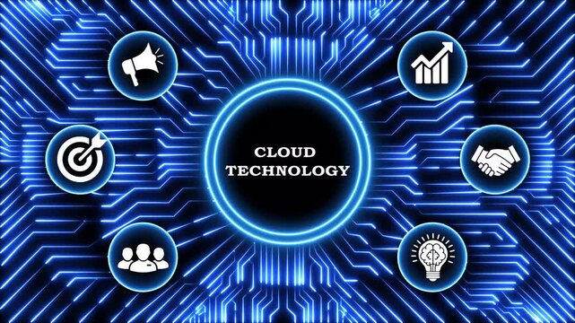 Cloud technology concept loop animation with icons on blue circuit board background.