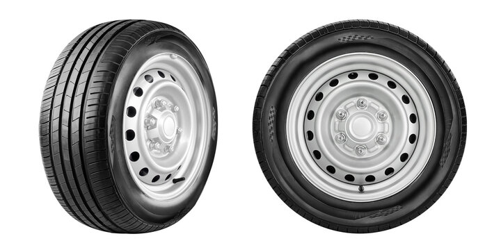 Car tire and wheel set photo isolated on transparent background.