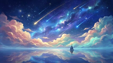 Naklejka premium Small sailboat on calm water under a night sky with colorful clouds and falling stars in a dreamy aesthetic style