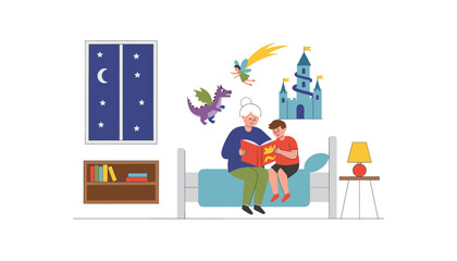 Naklejka premium Loving grandmother reading a fairy tale book to her grandson in bed with imaginative dream elements floating around them.
