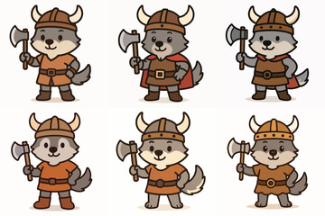 Fototapeta premium Cute Viking Wolf Character Collection – Cartoon Norse Warrior Wolf Mascot with Axe and Horned Helmet Vector Set