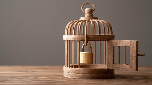 Open wooden birdcage with padlock unlocked, symbolizing freedom and escape from confinement
